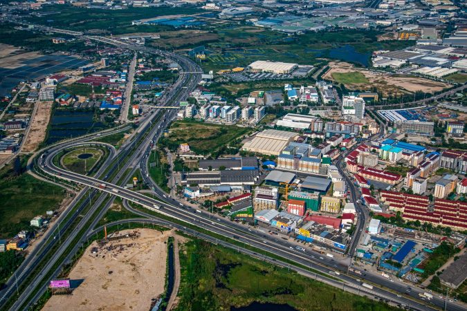 Industrial estate land development aerial view